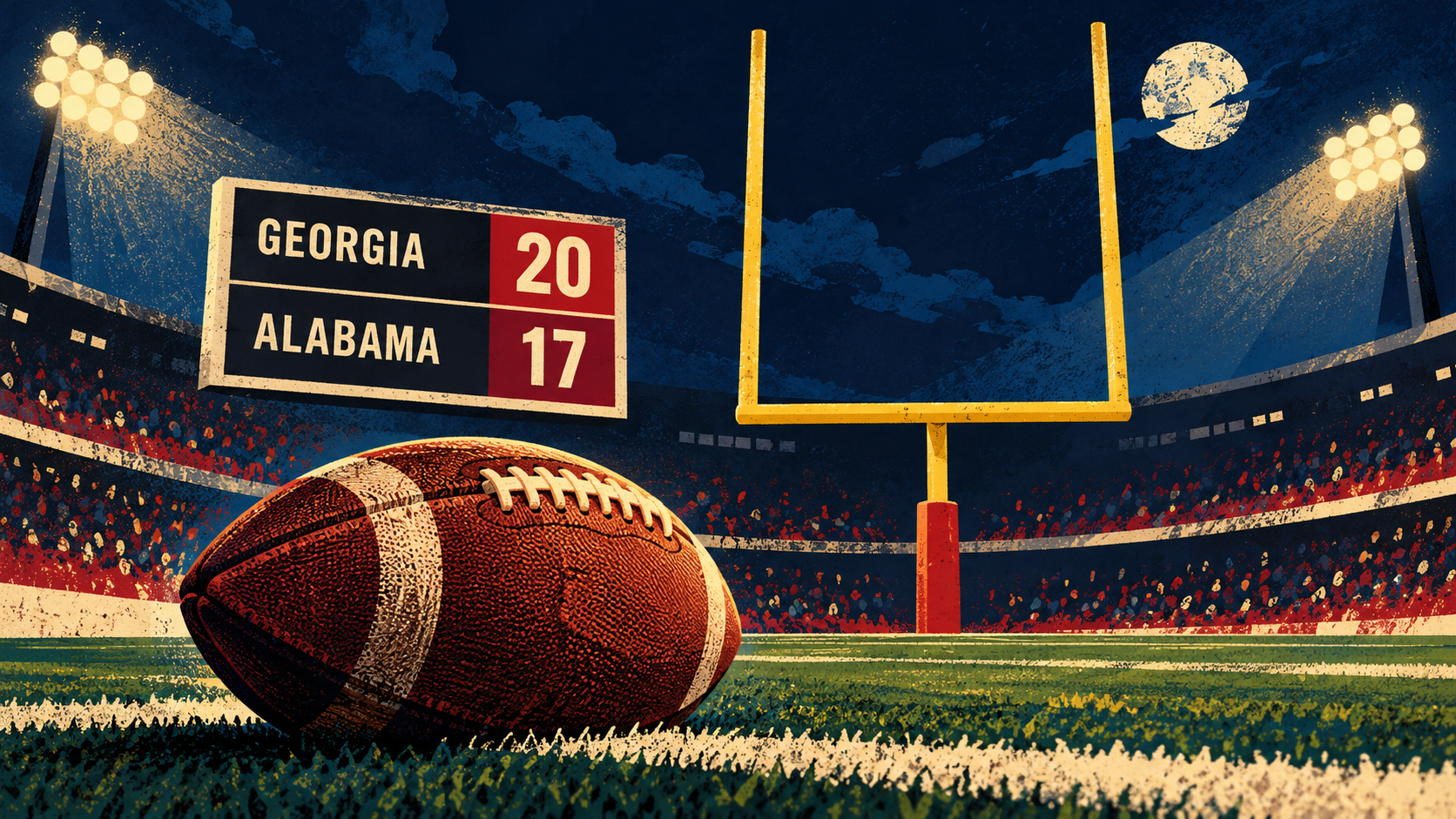 Editorial illustration: an American football, goalposts and a scoreboard reading Georgia 20, Alabama 17; conceptual art, not a photograph of the 10 October 2026 match.