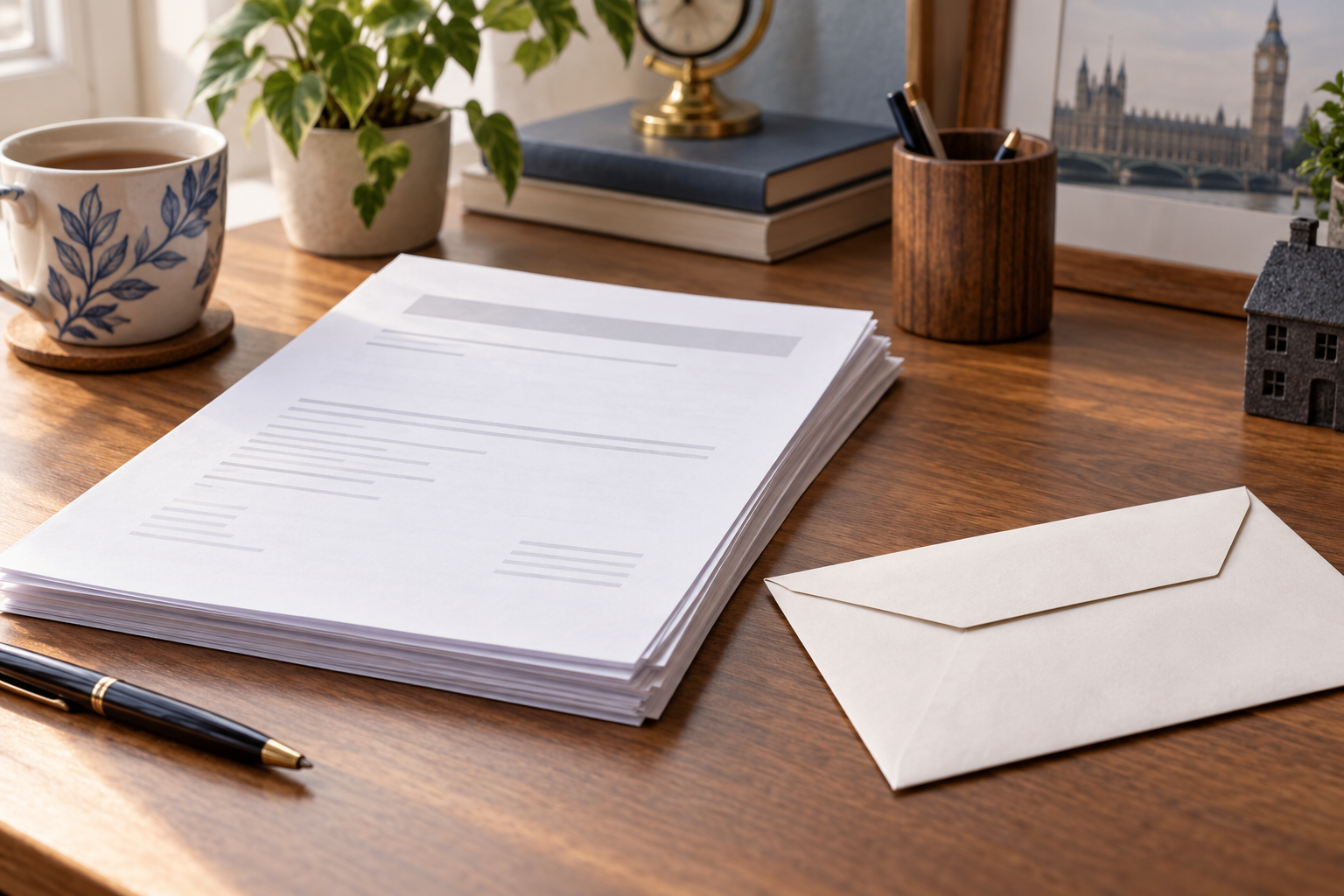 Illustration of paperwork and an envelope on a desk, with Parliament in the background. AI-generated by SearchTrends Daily; no actual DWP document is shown.