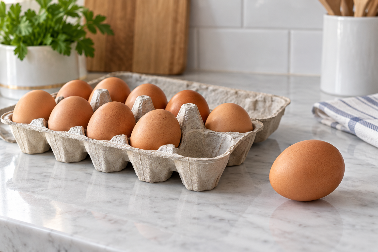 Editorial illustration of brown eggs in a carton, with one egg set aside for inspection; not a photograph of the recalled Yasensvit product. AI-generated by SearchTrends Daily.