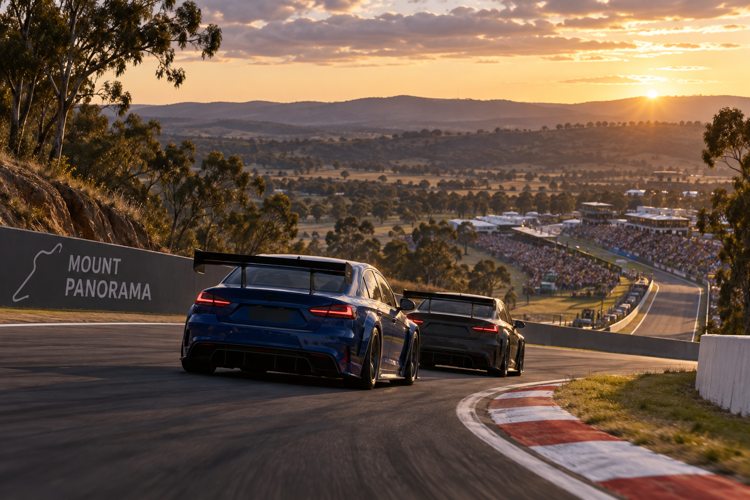 Editorial illustration of two anonymous touring cars on a Mount Panorama-inspired circuit at sunset; not a photograph of the 2026 Bathurst 1000 or its actual cars. AI-generated by SearchTrends Daily.