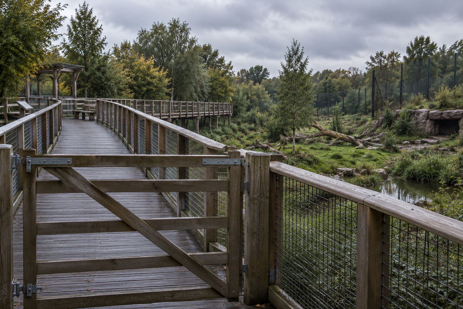 Editorial illustration of an empty raised walkway and closed gate overlooking a wooded big-cat habitat; not Yorkshire Wildlife Park or the incident. AI-generated by SearchTrends Daily.