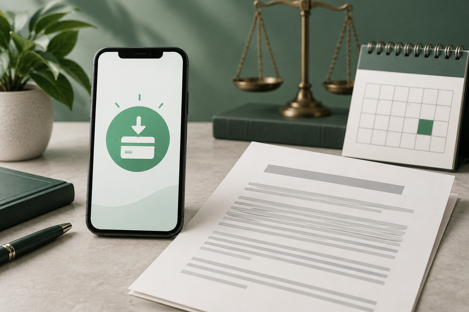 AI-generated editorial illustration of a generic phone payment icon beside a paper legal notice and calendar; not an actual Cash App screen or settlement document.
