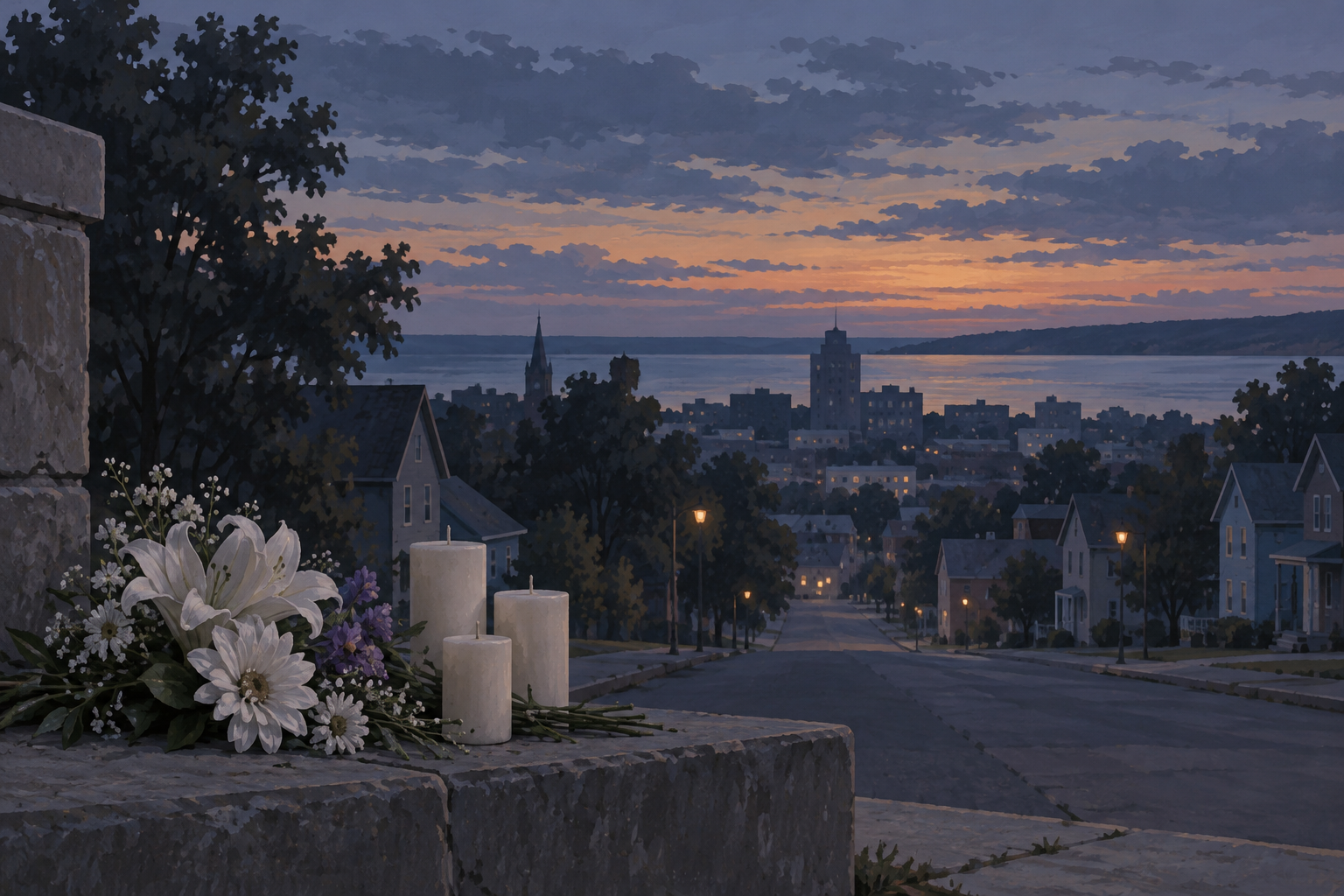 AI-generated editorial illustration of a quiet lakeside city at dusk with flowers and candles in the foreground; not a photograph of Erie or the incident.