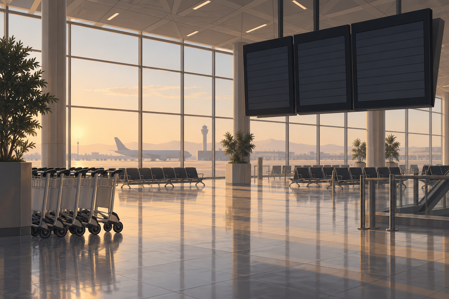 AI-generated editorial illustration of an empty generic airport departures hall with luggage trolleys and blank flight boards; not King Khalid International Airport or the attack.