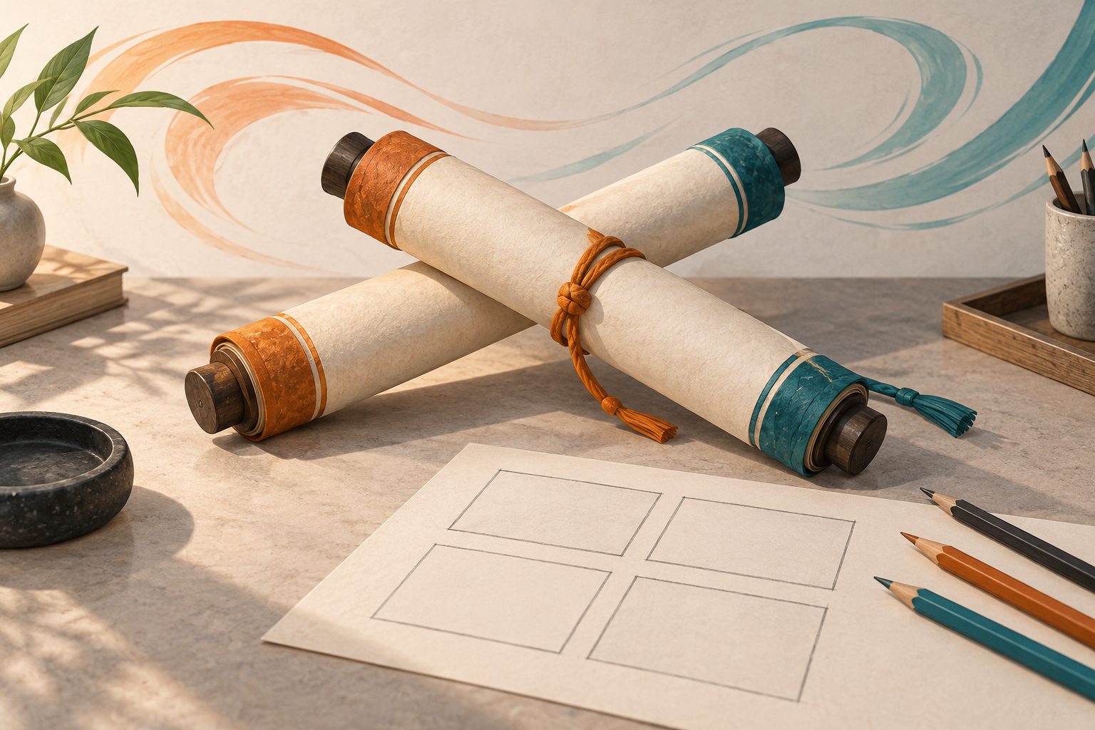 Original AI-generated editorial illustration of two blank orange and teal scrolls crossing above a four-panel storyboard sheet; no official Naruto or Ninku artwork.