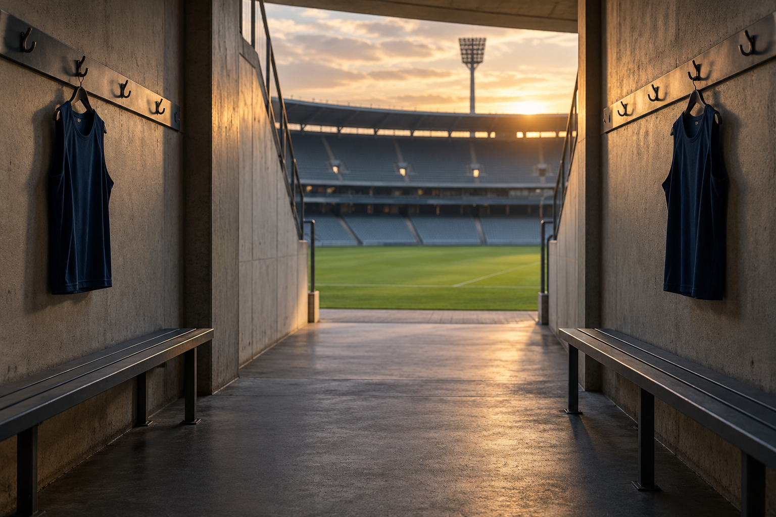 Editorial illustration of an empty football stadium tunnel with two blue training tops; no players are shown.