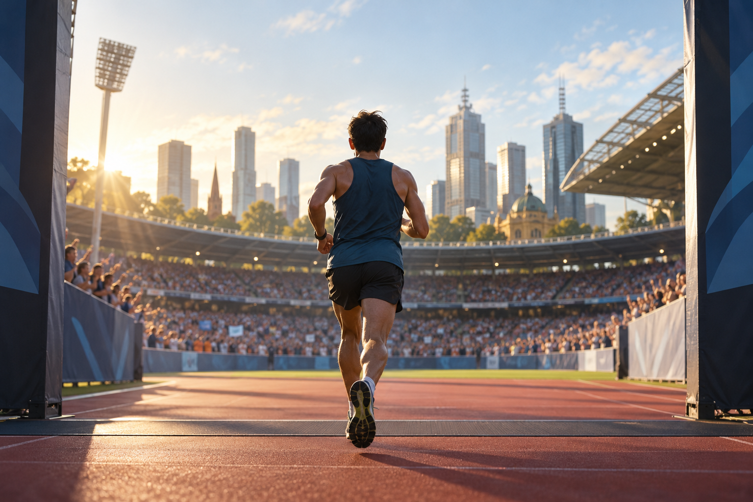 Editorial illustration of an anonymous distance runner approaching a stadium finish; not a photograph of Kipchoge or the Melbourne Marathon.