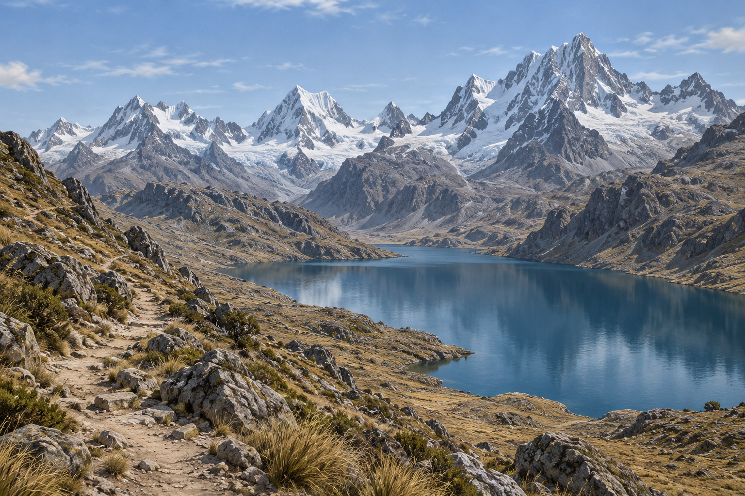 Editorial illustration of a generic Andean mountain lake and trail; not a photograph of Jordan Yap or the place where he was found.
