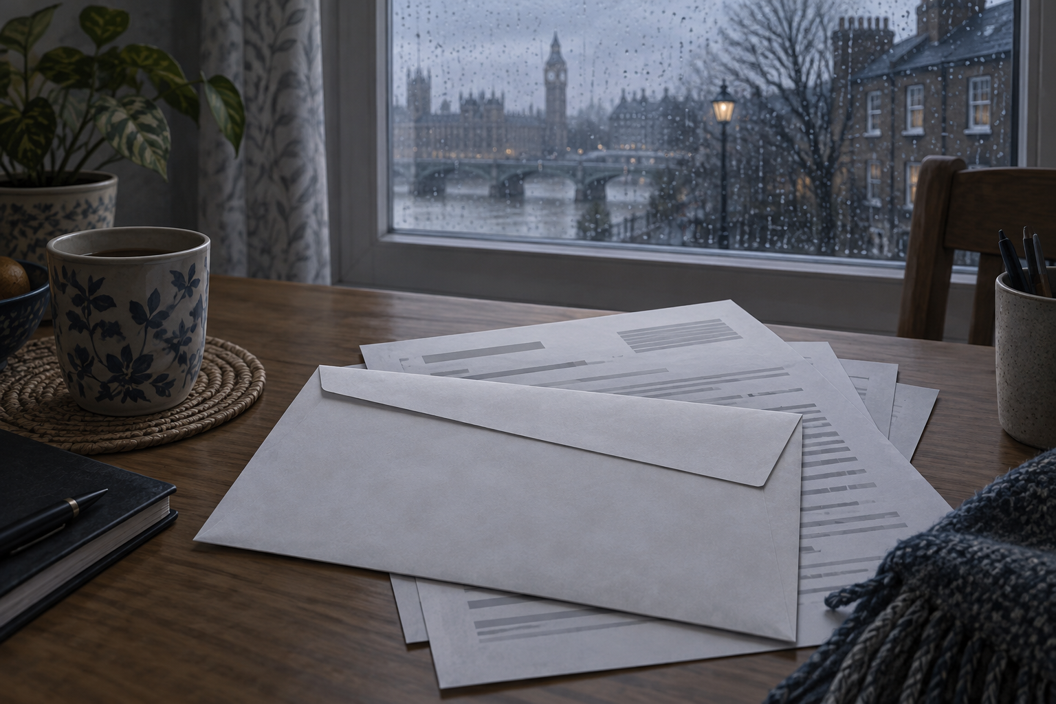 AI-generated conceptual illustration of an unsigned envelope and papers by a rainy London window; not the family’s Home Office letter or home.
