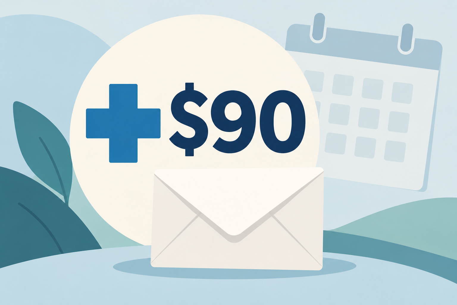 Abstract AI-generated illustration of a $90 amount, medical cross, calendar and unmarked envelope; not an actual payment notice or check.