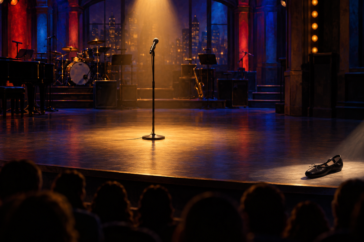 Conceptual editorial illustration of an empty late-night stage with a microphone and ballet slipper under spotlights; no real performer or set is depicted.