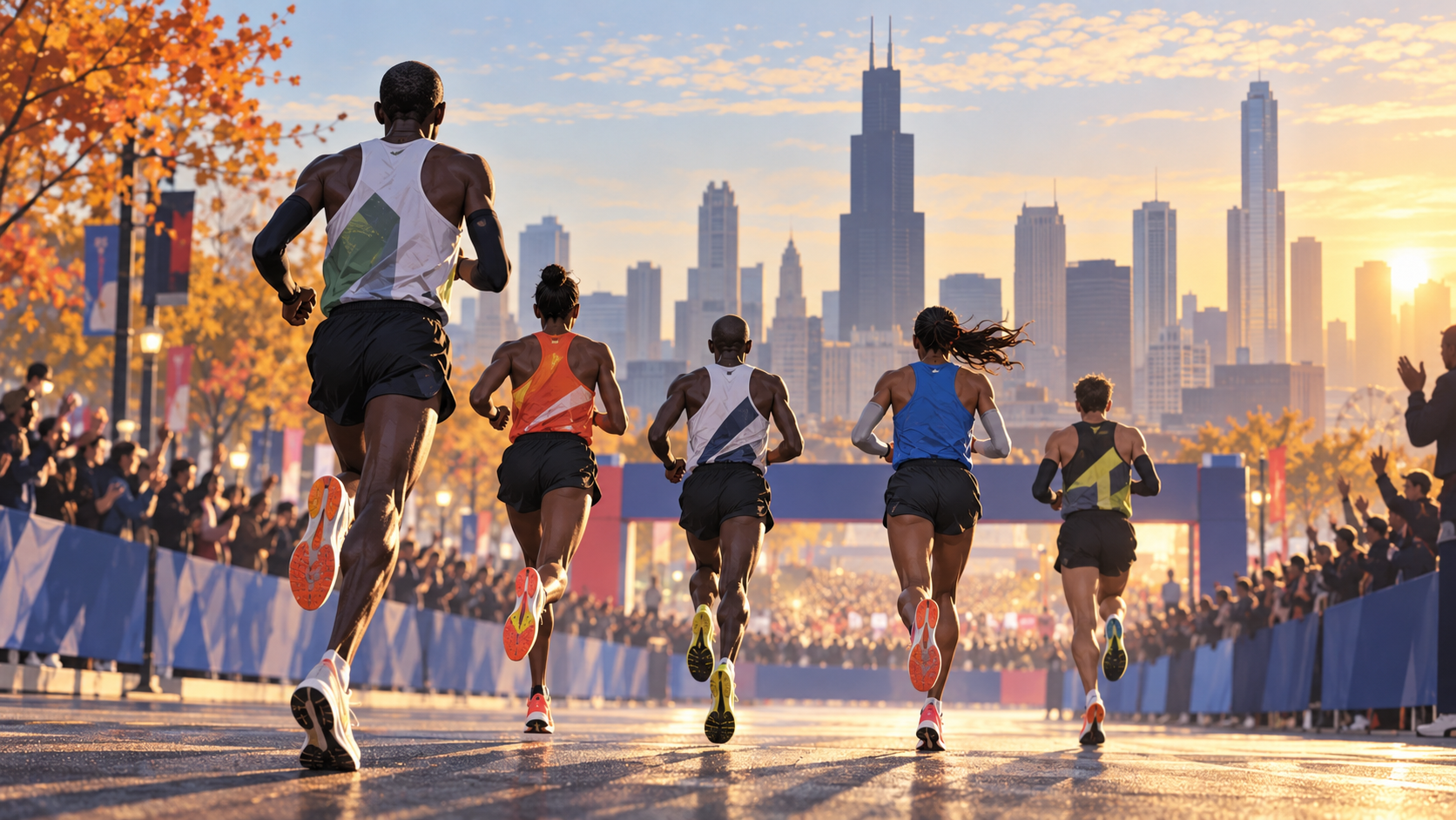 Conceptual illustration of marathon runners heading toward the Chicago skyline at sunrise
