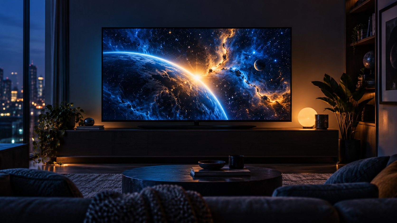 Conceptual illustration of a television displaying an abstract blue and amber cosmic scene