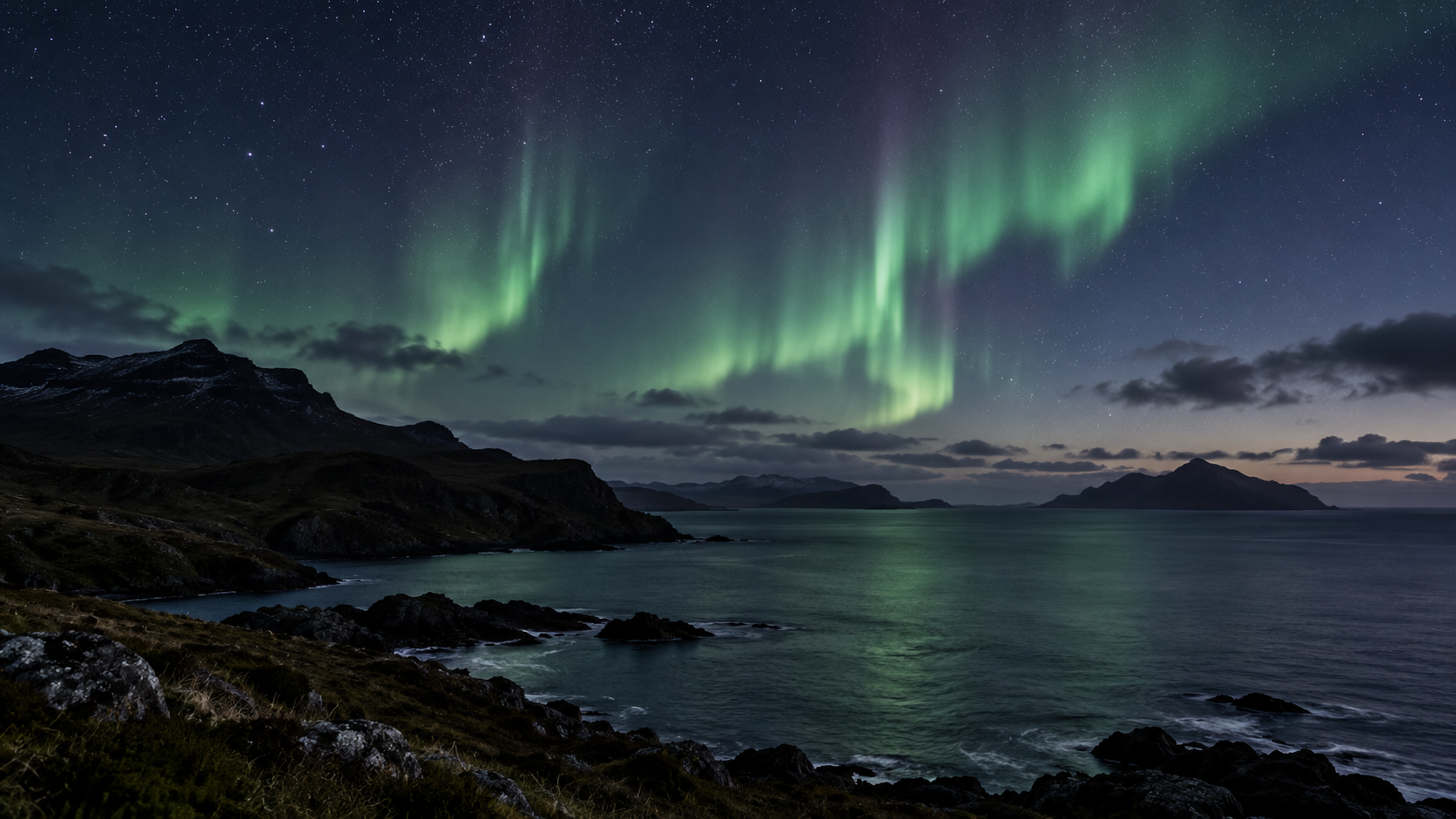 Conceptual illustration of green auroral curtains over a dark coastal landscape