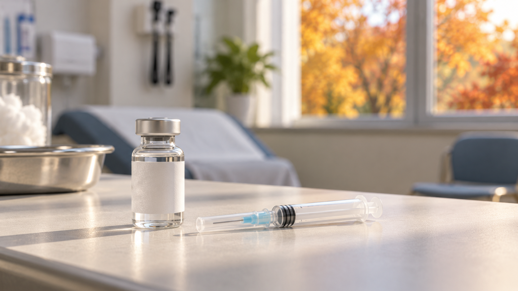 Conceptual illustration of an unbranded vaccine vial and capped syringe in a clinic