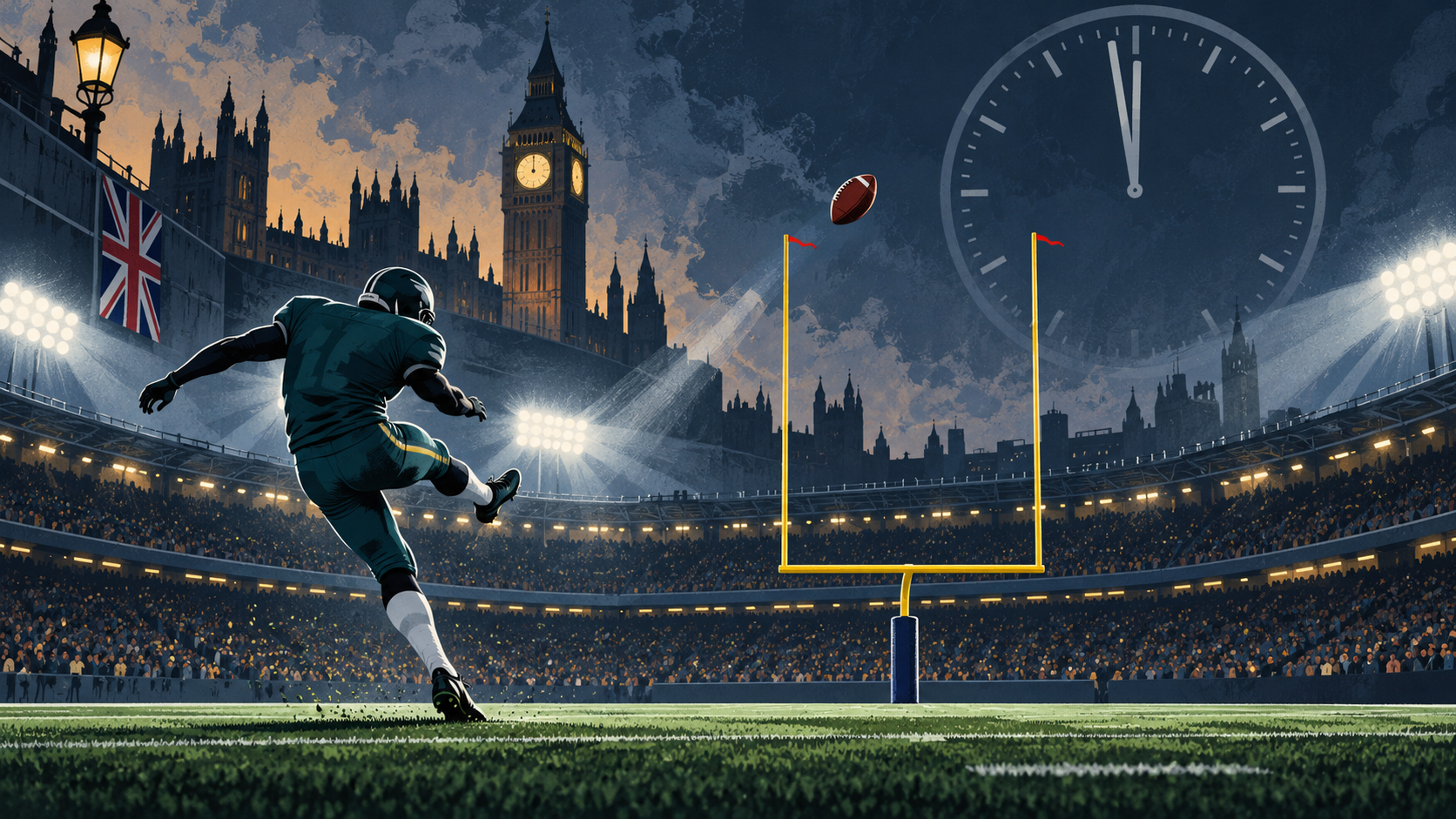 Conceptual illustration of an anonymous American football kicker sending a ball toward the goalposts under stadium lights