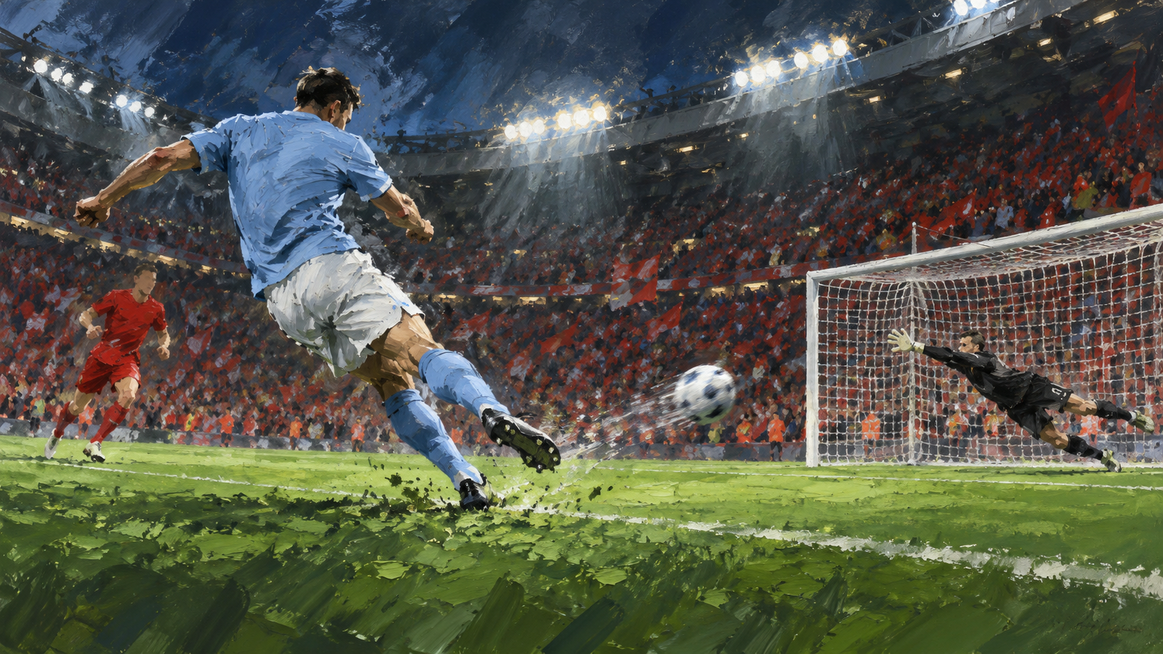 Conceptual illustration of a sky-blue football player shooting toward goal with a red-clad defender in a floodlit stadium