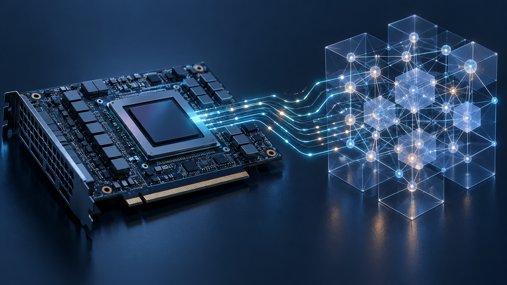 Conceptual illustration of a generic computing chip connected to a geometric AI model lattice