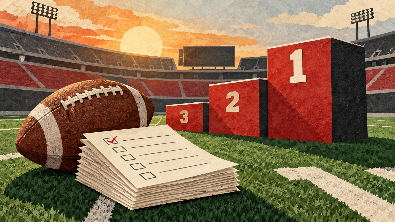 Editorial illustration of an American football beside ballot papers and red ranking platforms in an empty stadium.