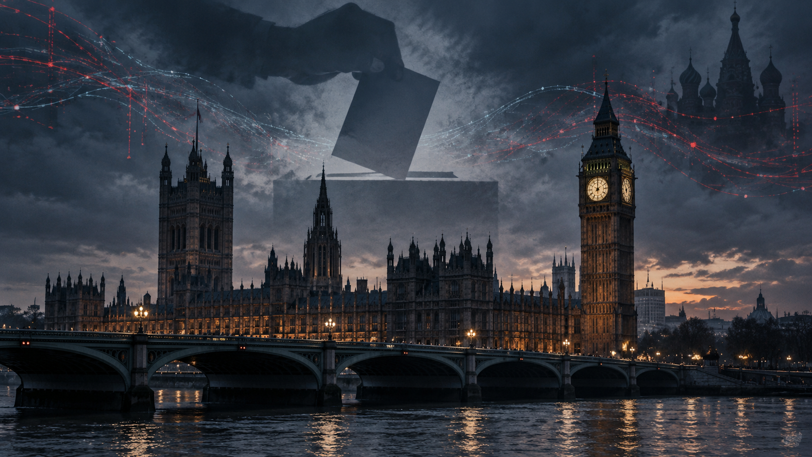 Conceptual illustration of a ballot being cast over the Palace of Westminster amid abstract digital signals; AI-generated editorial image, not a scene from the 2016 vote.