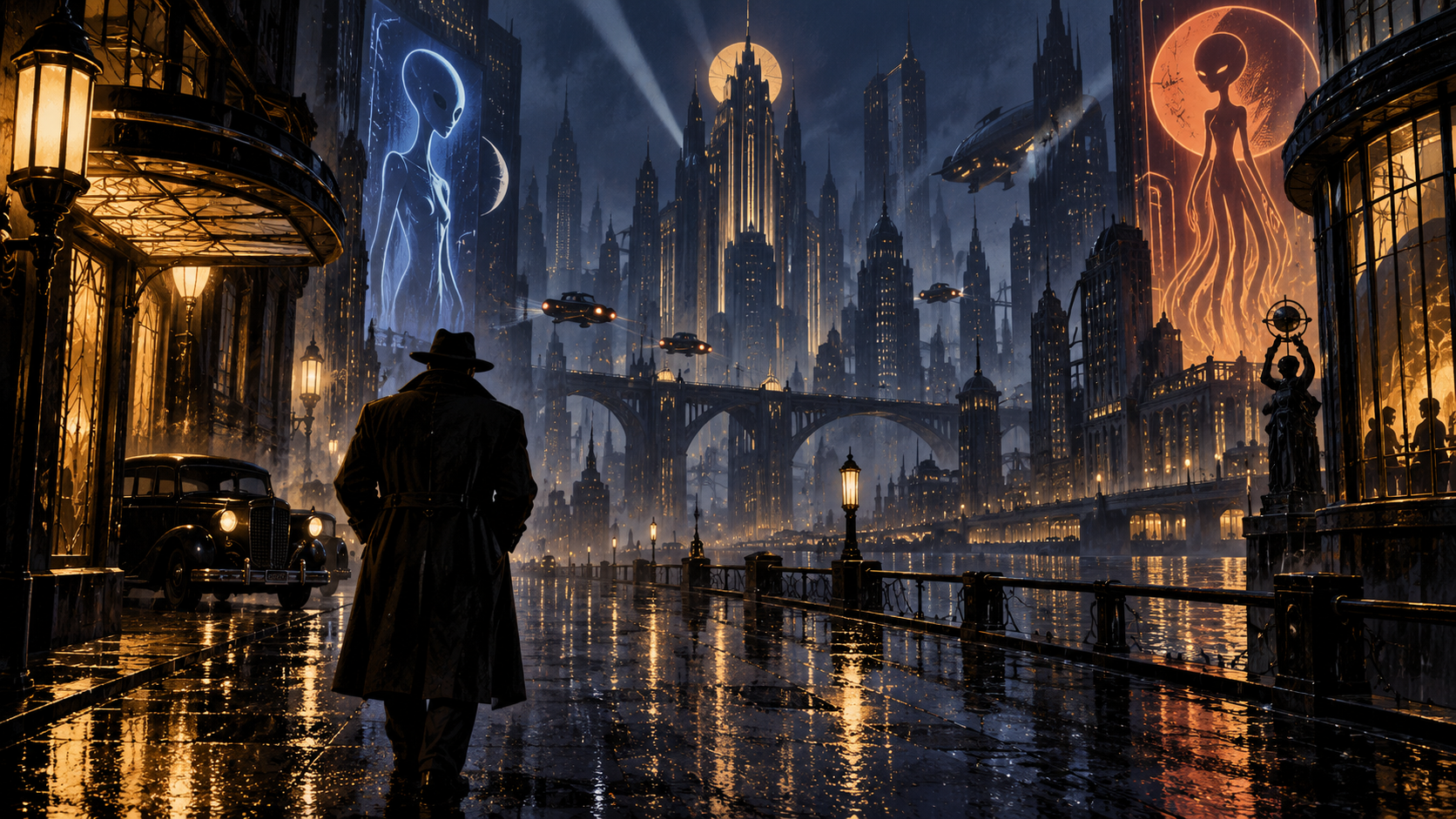 Original AI-generated conceptual illustration of a generic detective in a rainy retro-futurist city; it is not a Ray Gunn film still or character artwork.