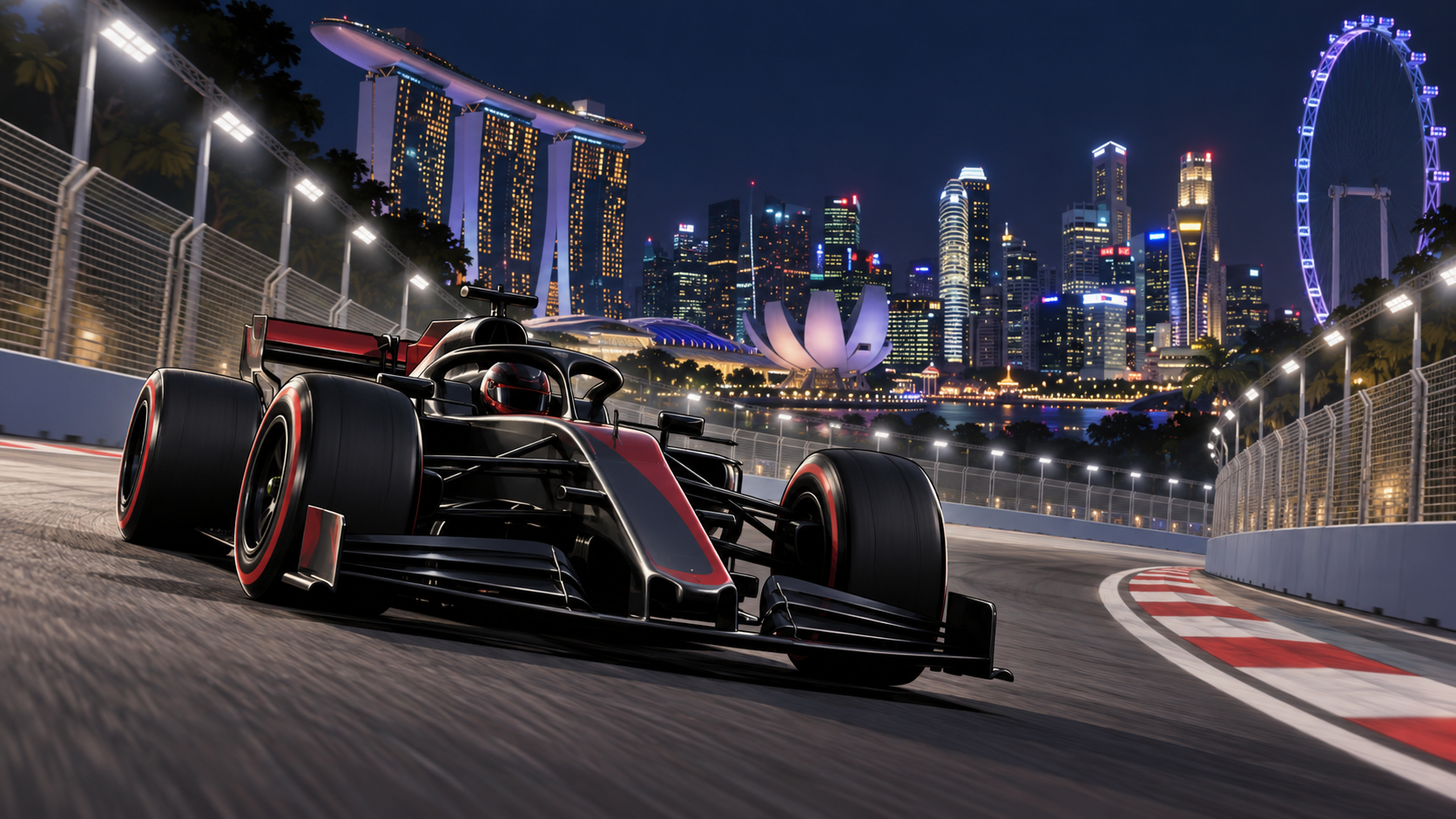 AI-generated conceptual illustration of a generic open-wheel racing car on a dry Singapore night street circuit; not an image of the 2026 race or Verstappen’s car.
