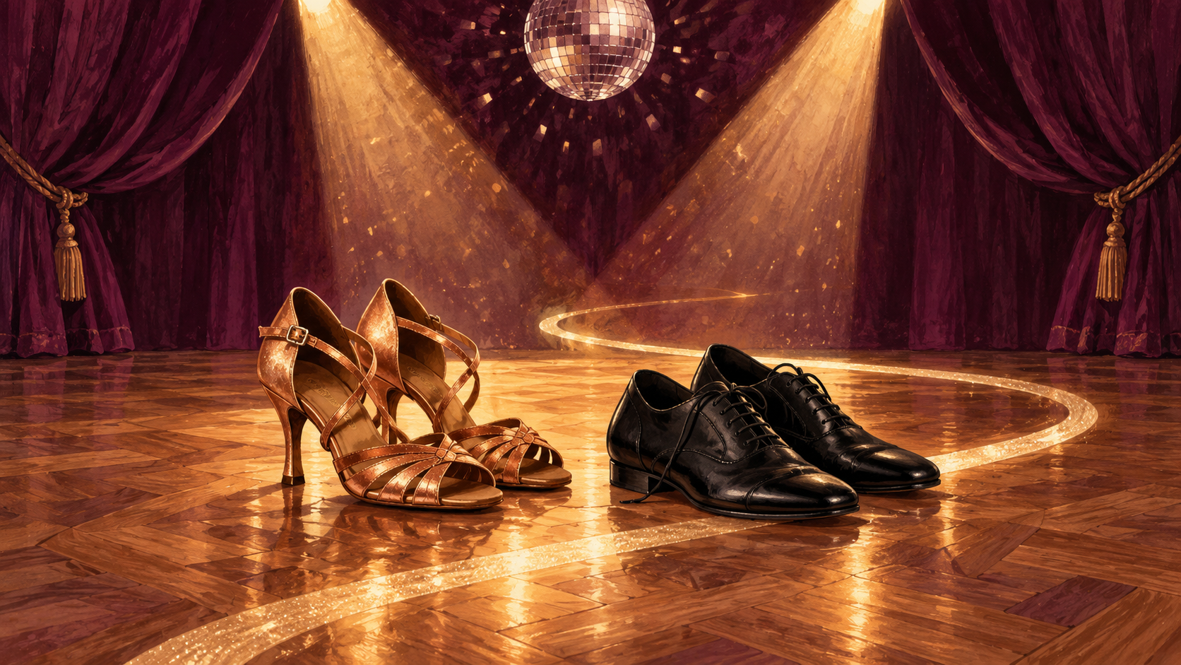 Editorial illustration: bronze Latin and black ballroom dance shoes beneath warm spotlights on an empty parquet floor.