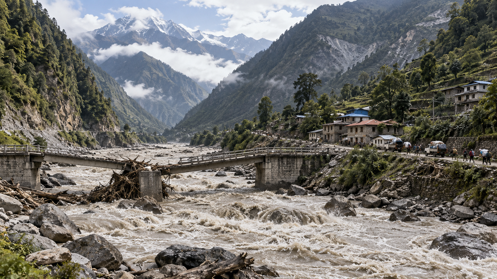 AI-generated conceptual illustration of a swollen river and damaged bridge in a generic Himalayan valley; not a photograph of the October 2026 Budhi Gandaki flood.