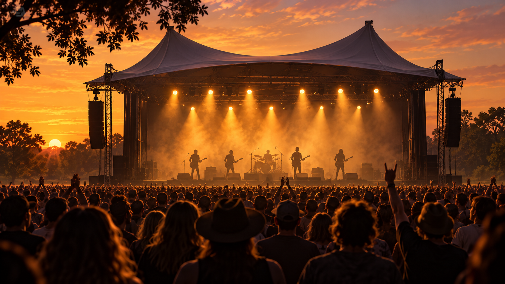 AI-generated conceptual illustration of five anonymous musicians on a tented outdoor stage at dusk; not Powderfinger or a 2027 tour photograph.