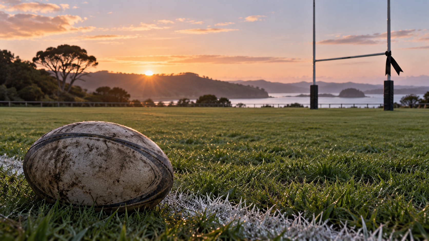 AI-generated symbolic memorial illustration of a rugby ball on an empty field at dawn with a black ribbon on a goalpost; not a photograph of Cheryl Waaka or a real memorial.