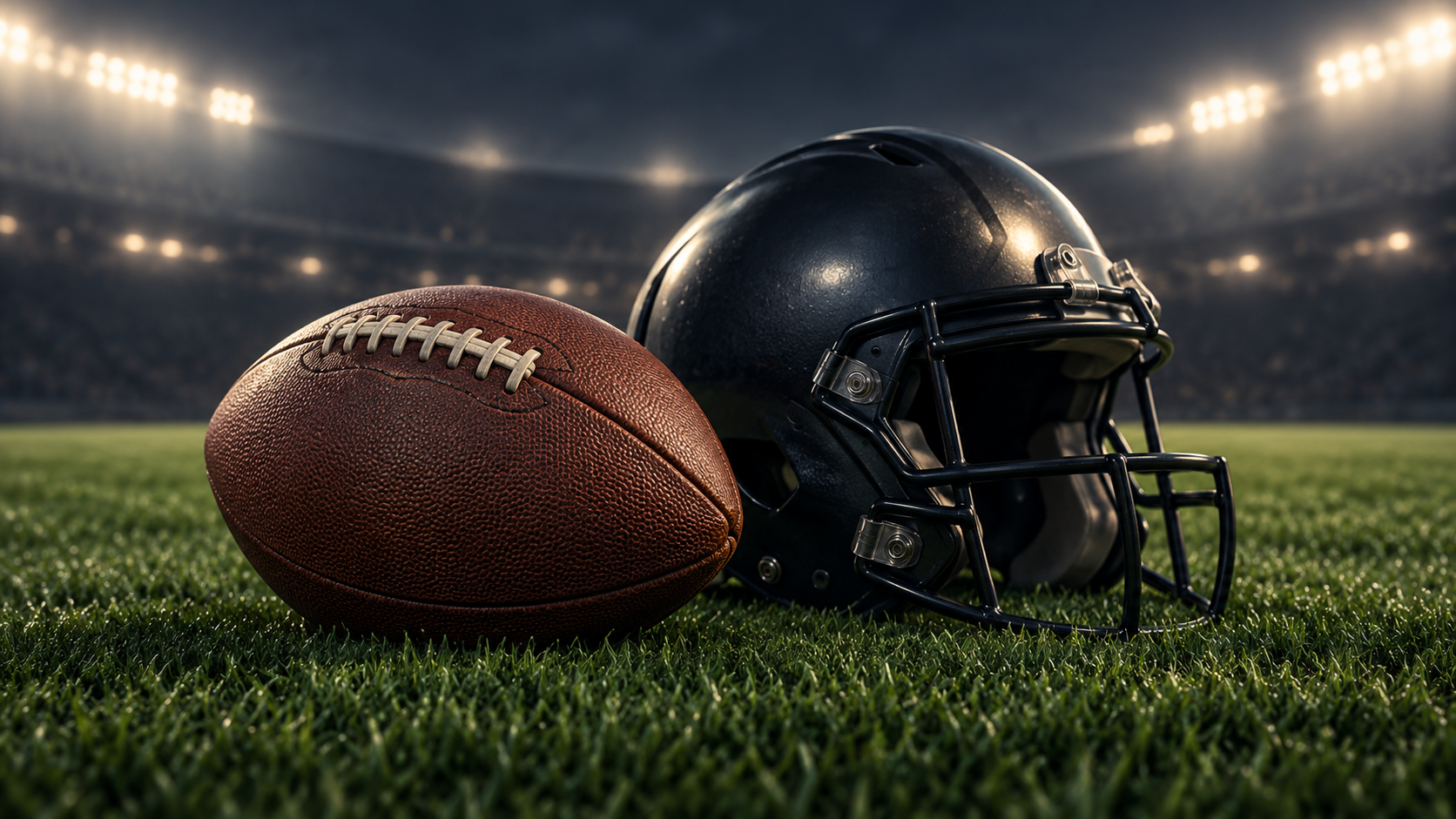 Conceptual editorial illustration of an American football on a field with plain helmets; no team or game is depicted. Image: SearchTrends Daily original AI-generated illustration.