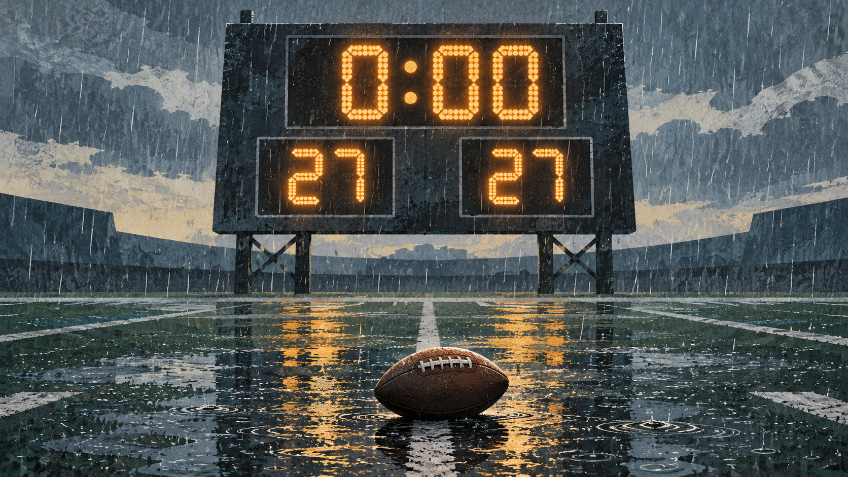 Editorial illustration: an overtime clock at 0:00 above equal 27–27 score panels and an unbranded football in rain; not a photograph of the game.