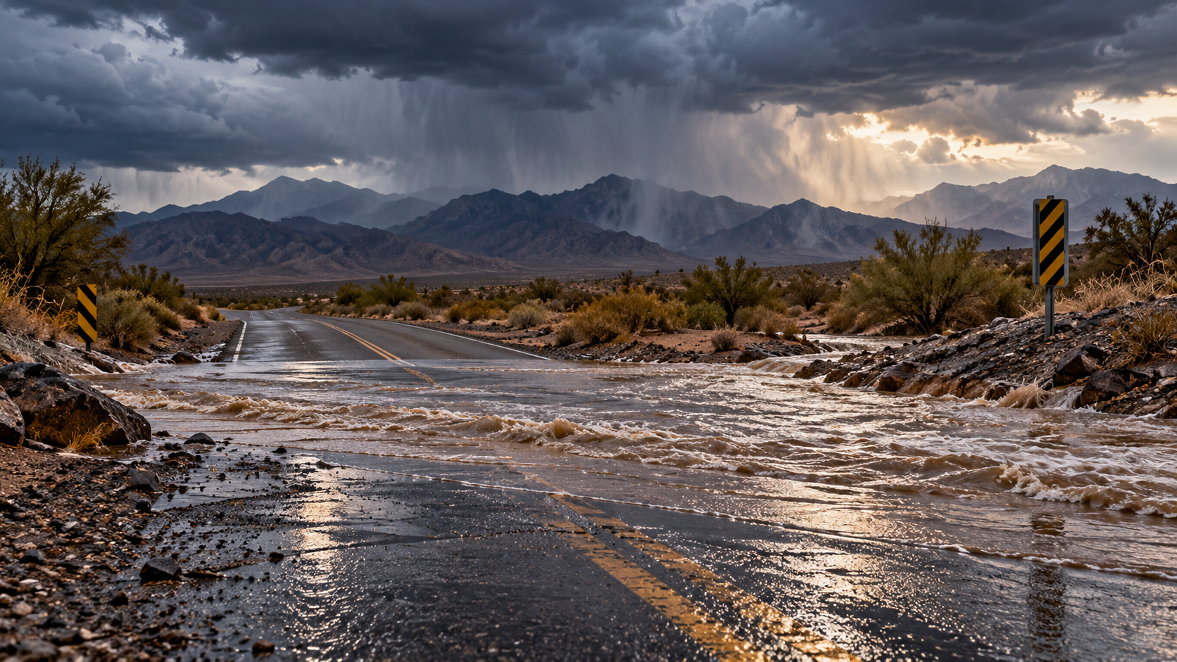 Original AI-generated editorial illustration of rain over a generic Nevada desert road with runoff crossing it; not a photograph of Las Vegas flooding. Credit: SearchTrends Daily.