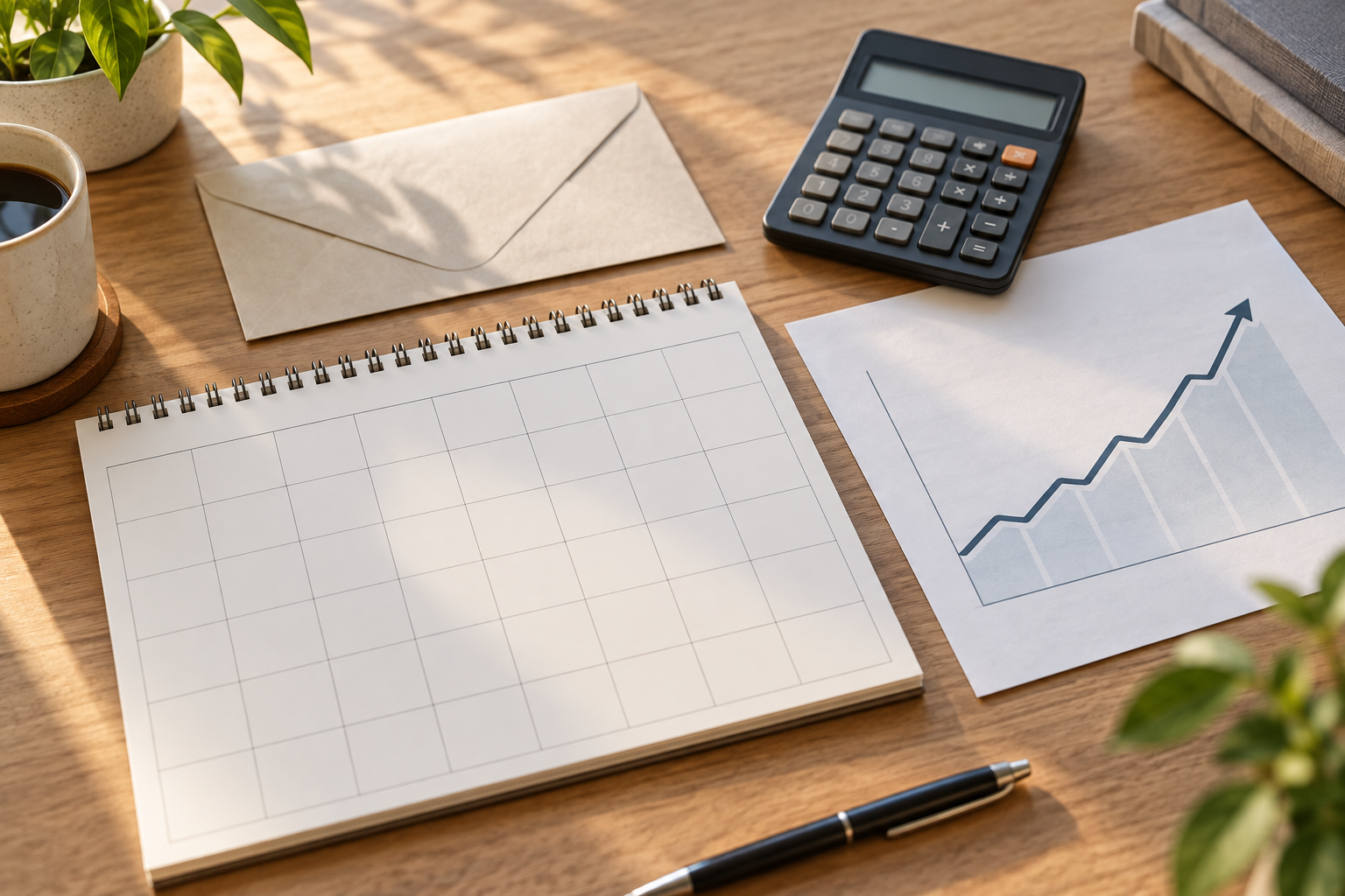 Original AI-generated editorial illustration of a blank calendar, calculator and abstract chart on a desk; no official 2027 Social Security COLA figure is shown. Credit: SearchTrends Daily.