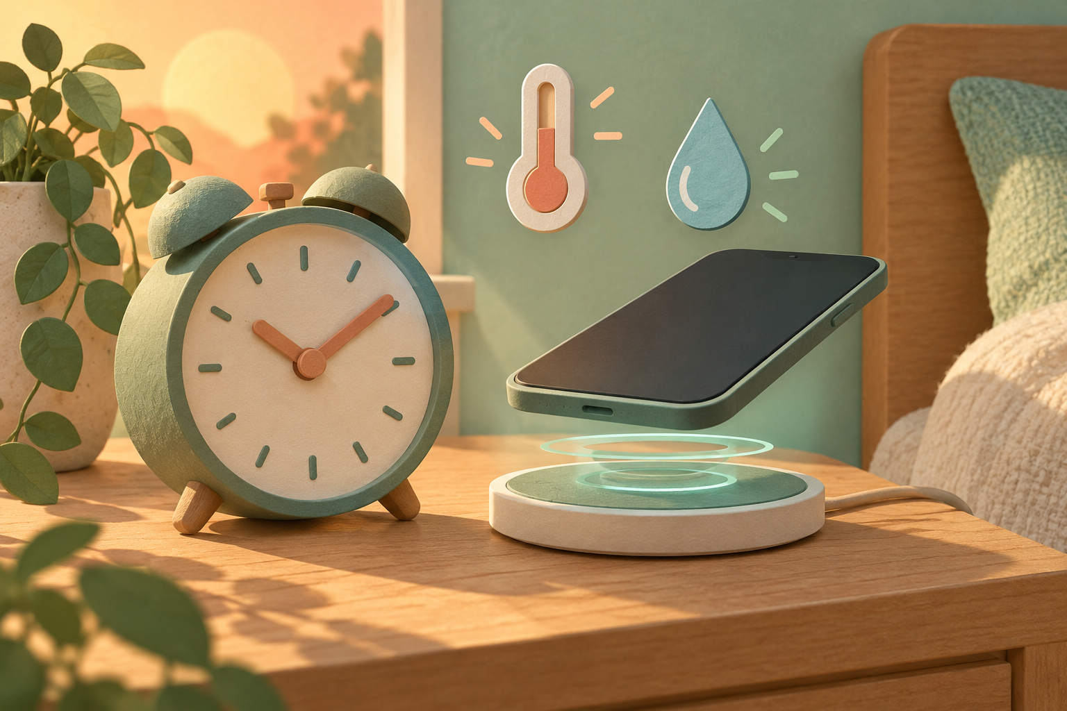 Editorial illustration: a separate analog clock, abstract wireless charging phone, thermometer and humidity symbol in a peach-and-mint bedside scene; not the IKEA product or a photograph.