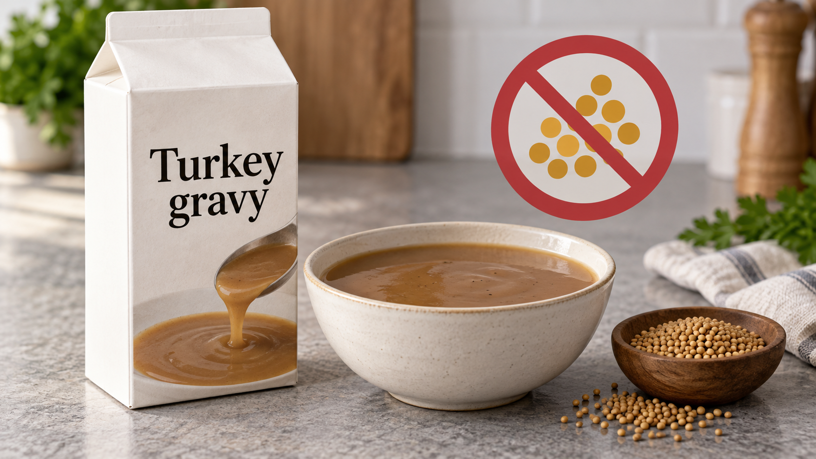 Conceptual illustration of an unbranded turkey gravy carton, bowl and mustard seeds; not a photograph of the recalled Kevin’s product.