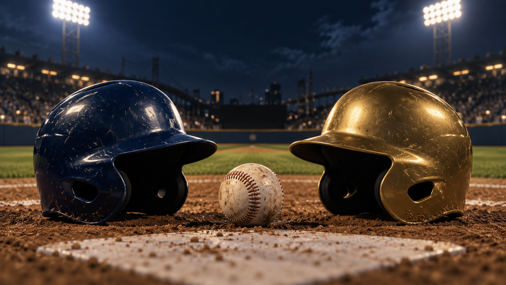 Editorial illustration of plain baseball helmets and a ball in a conceptual night-time stadium; not a photograph or reconstruction of Brewers–Dodgers NLCS Game 1.