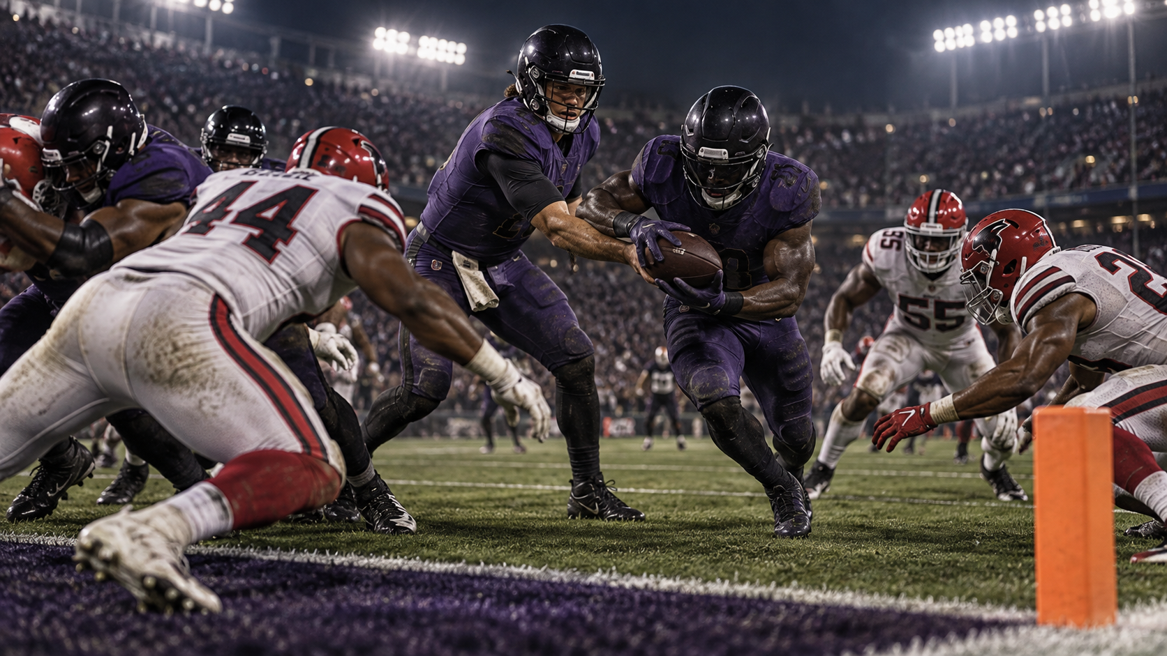 Conceptual illustration of a generic American football quarterback and defenders near the goal line at night; not a photograph of the Ravens–Falcons game