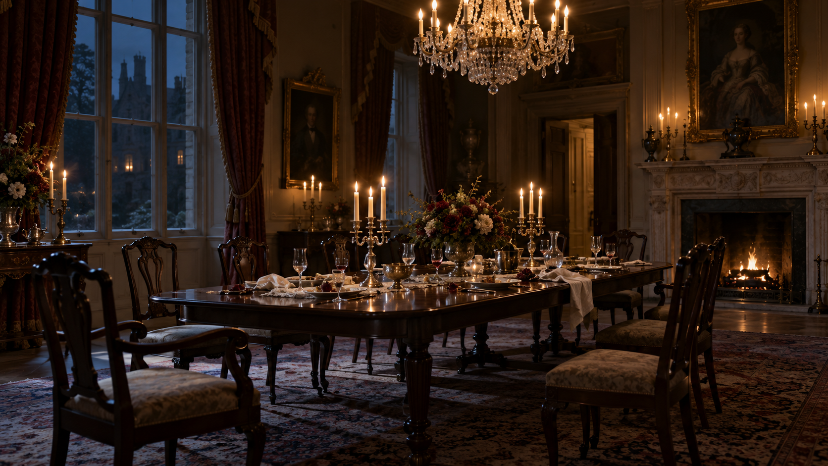 Original conceptual illustration of an empty candlelit dining room after a formal party; not a still from ITV’s The Party