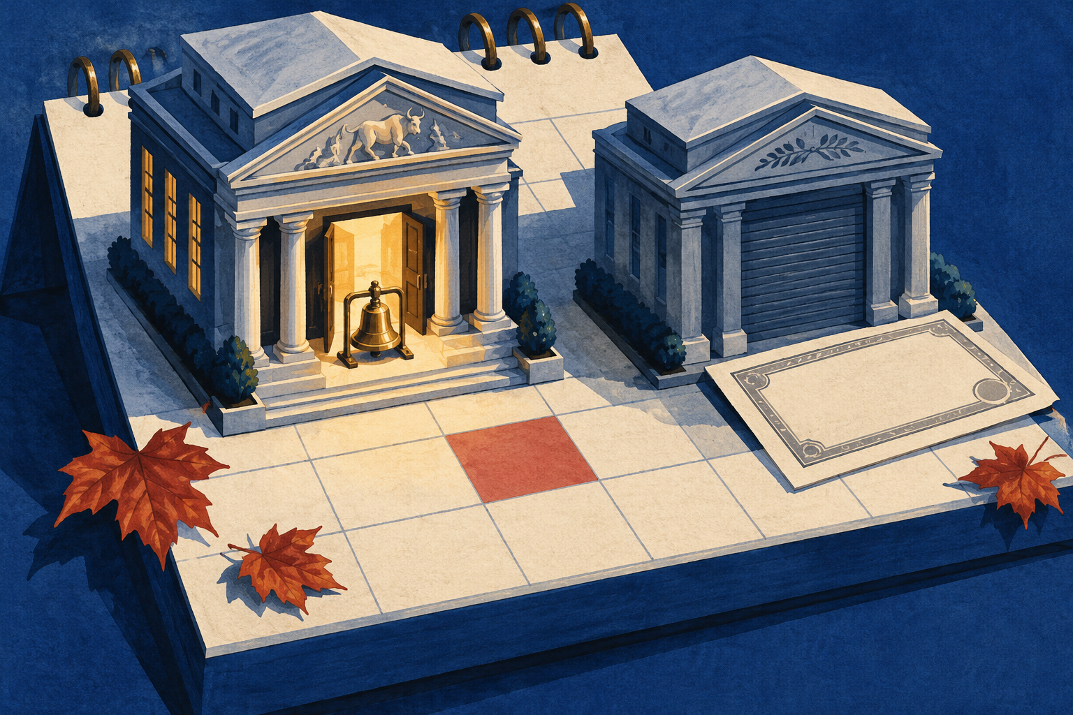 Editorial illustration: two fictional miniature financial-market buildings on a blank calendar, one with an open illuminated entrance and bell, the other shuttered beside a blank bond certificate; not real exchanges or a photograph.