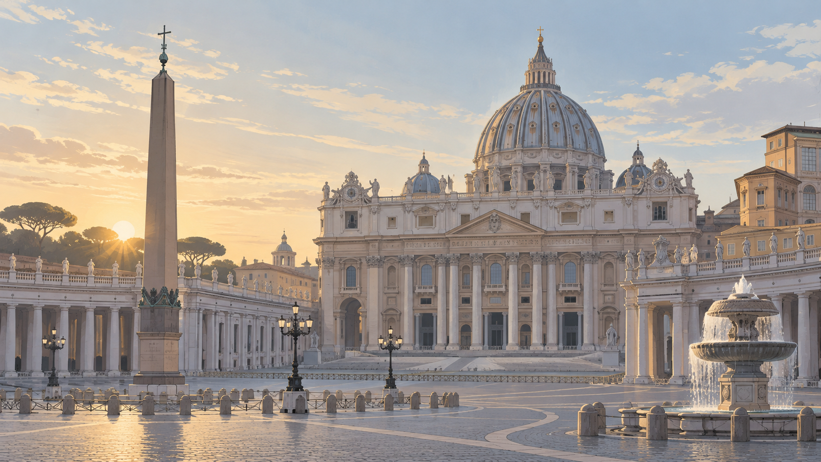 Editorial illustration of the dome of St. Peter’s Basilica beneath an overcast sky