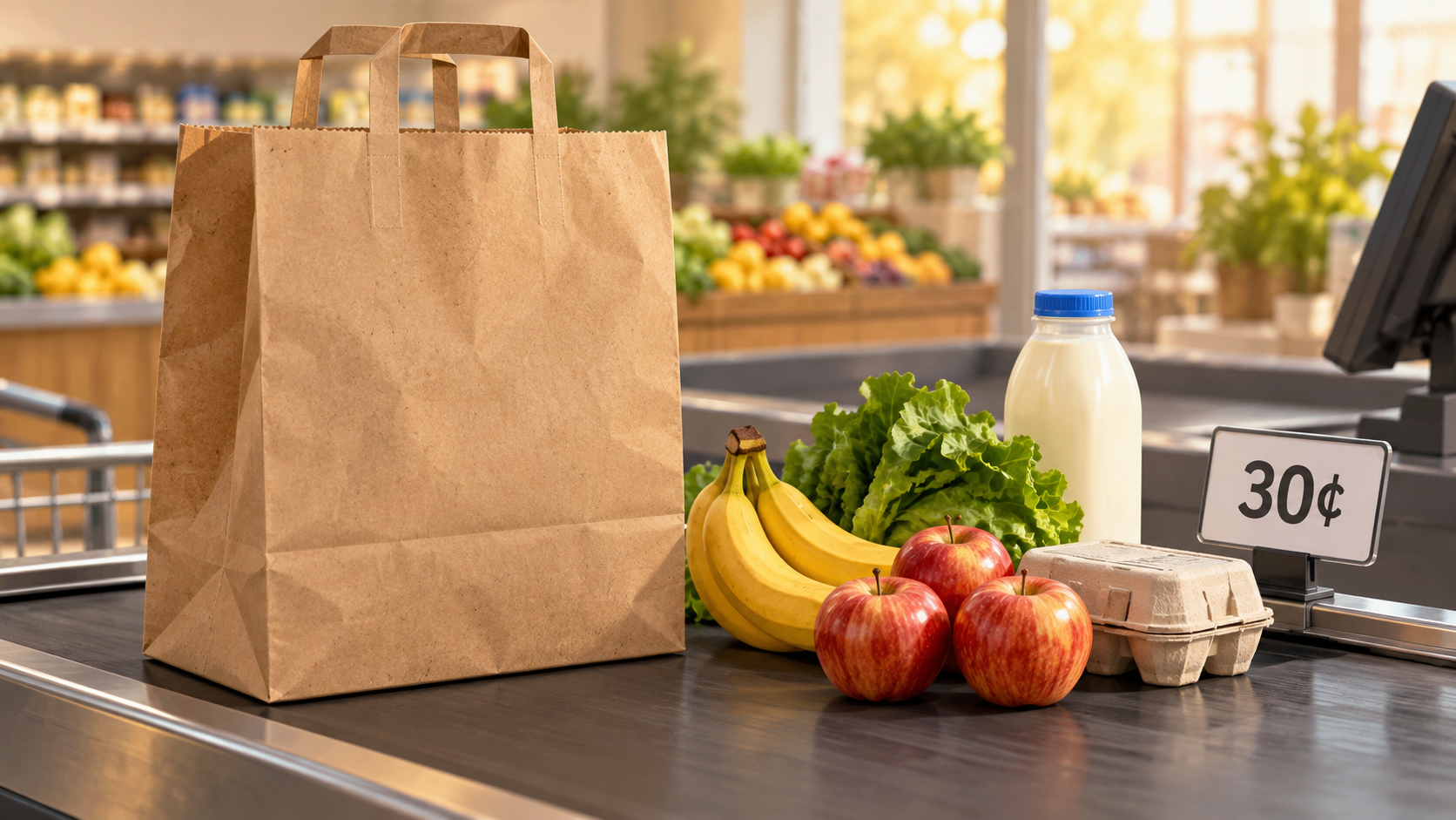 Editorial illustration of a plain paper grocery bag and groceries beside a generic 30-cent sign