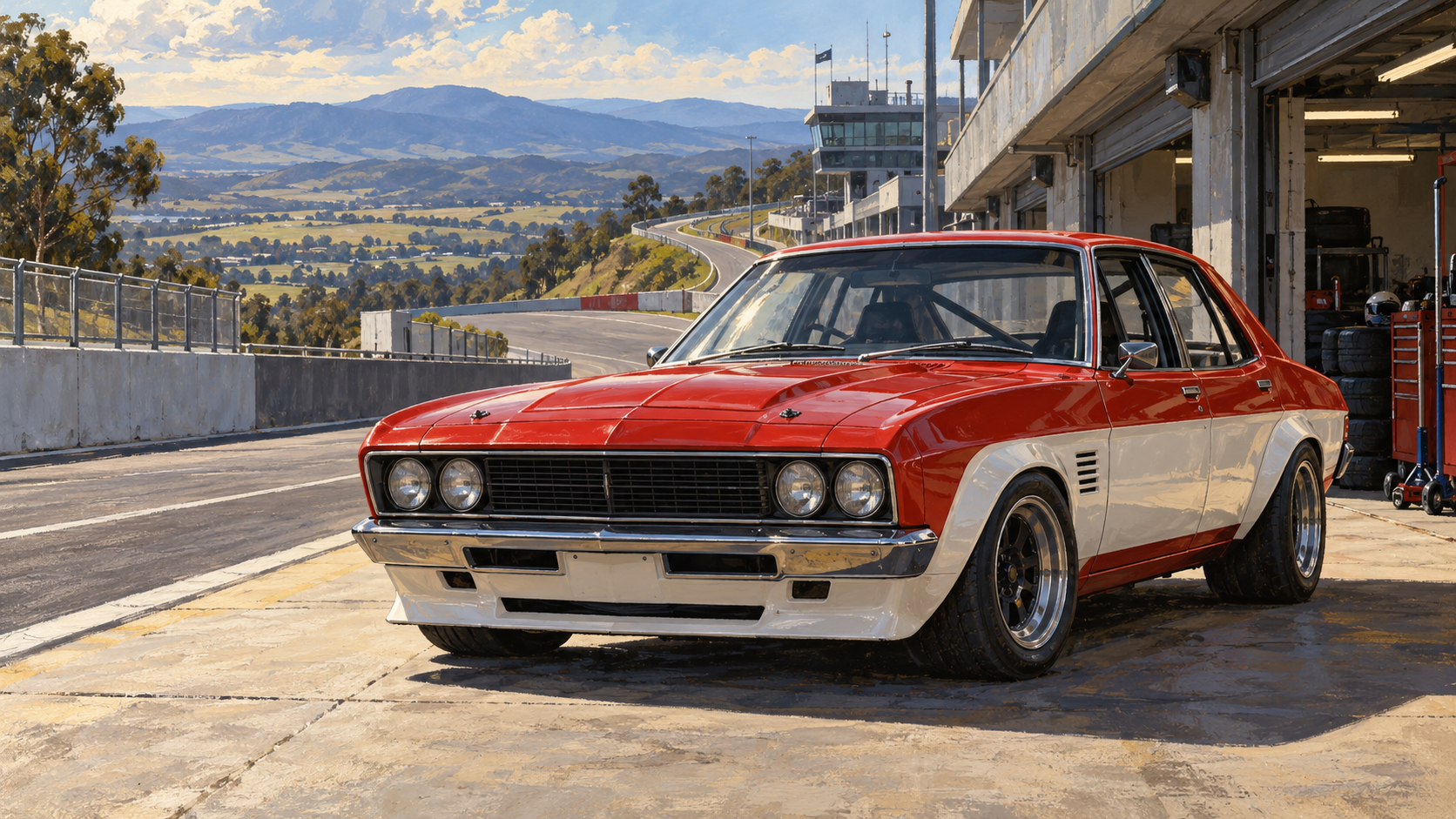 Editorial illustration of an unbranded red and white vintage touring car by a mountain circuit pit lane