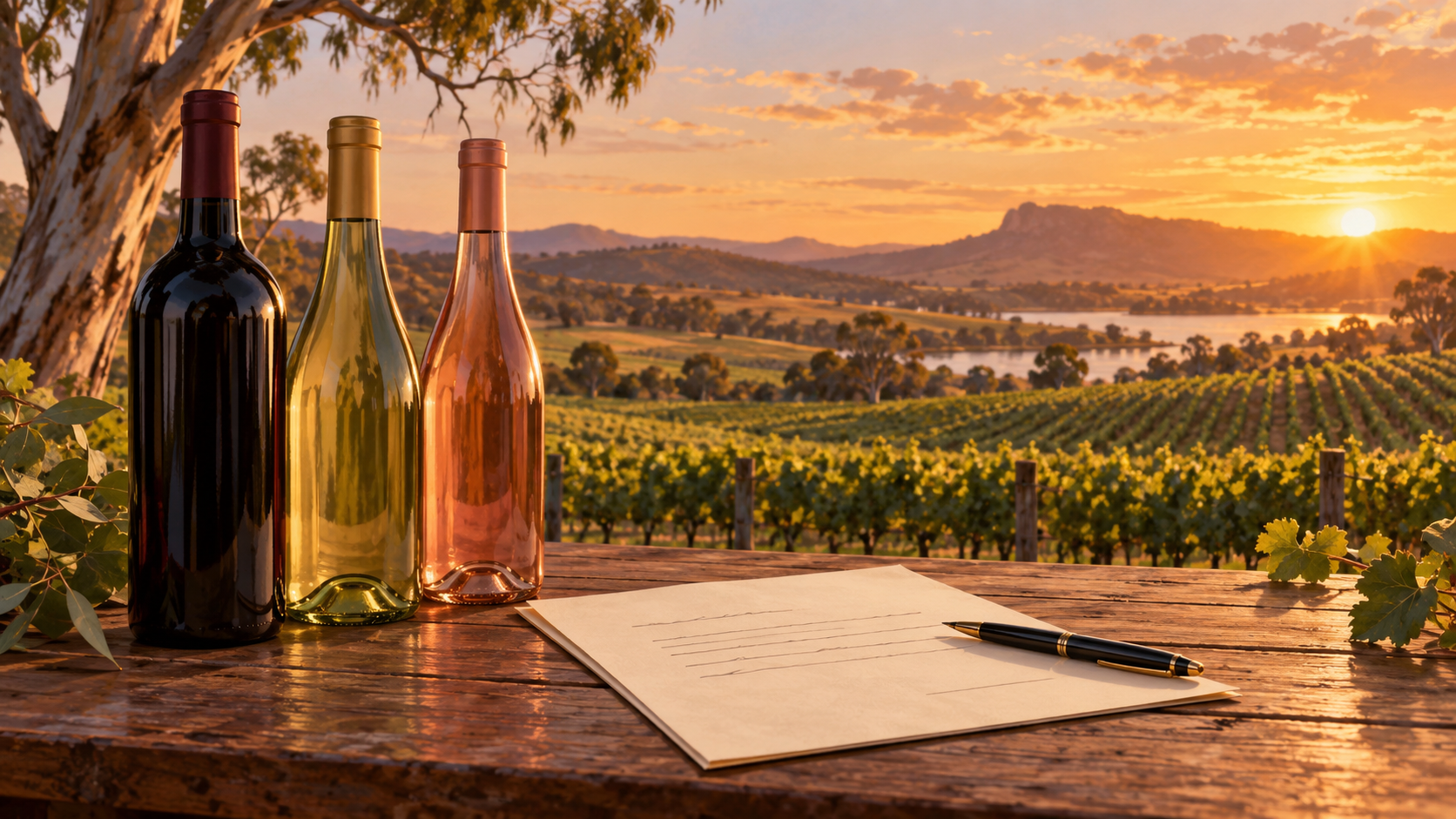 Editorial illustration of unlabelled wine bottles and a document overlooking an Australian vineyard