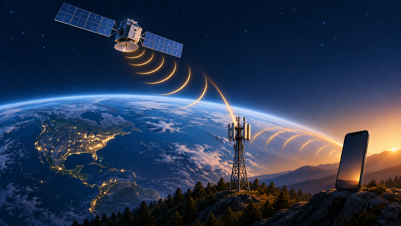 Editorial illustration of a generic satellite, cell tower and phone linked by signal arcs