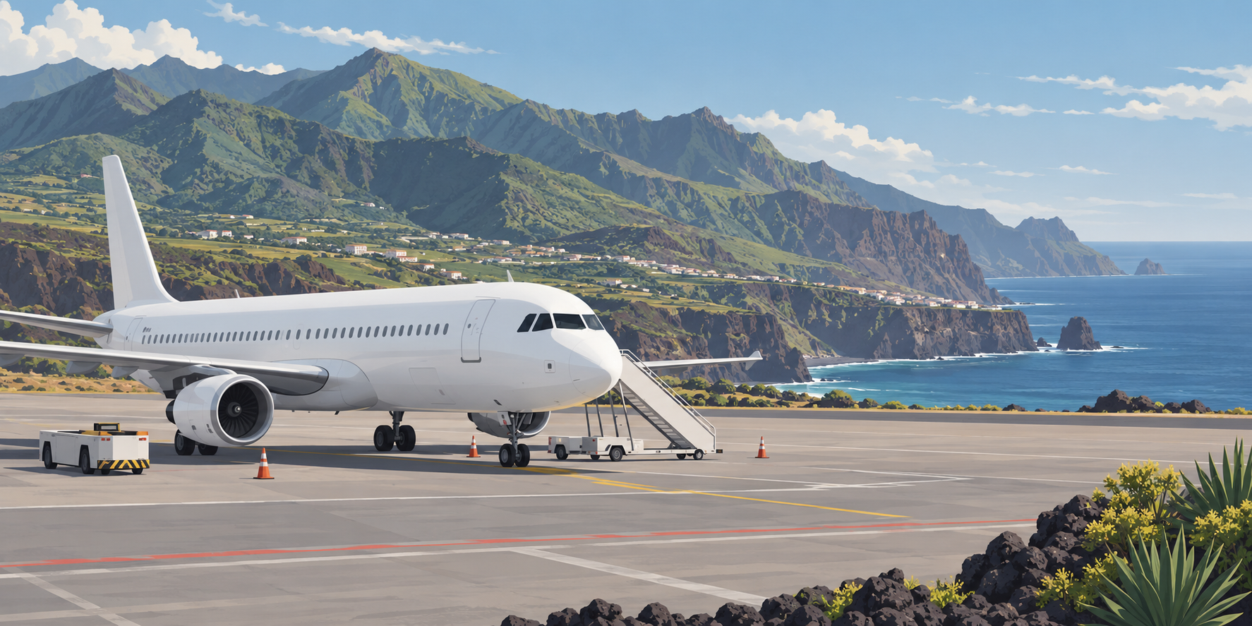 Editorial illustration of a generic passenger aircraft beside La Palma’s mountainous coast; created for SearchTrends Daily, not a photograph of a Jet2 flight.