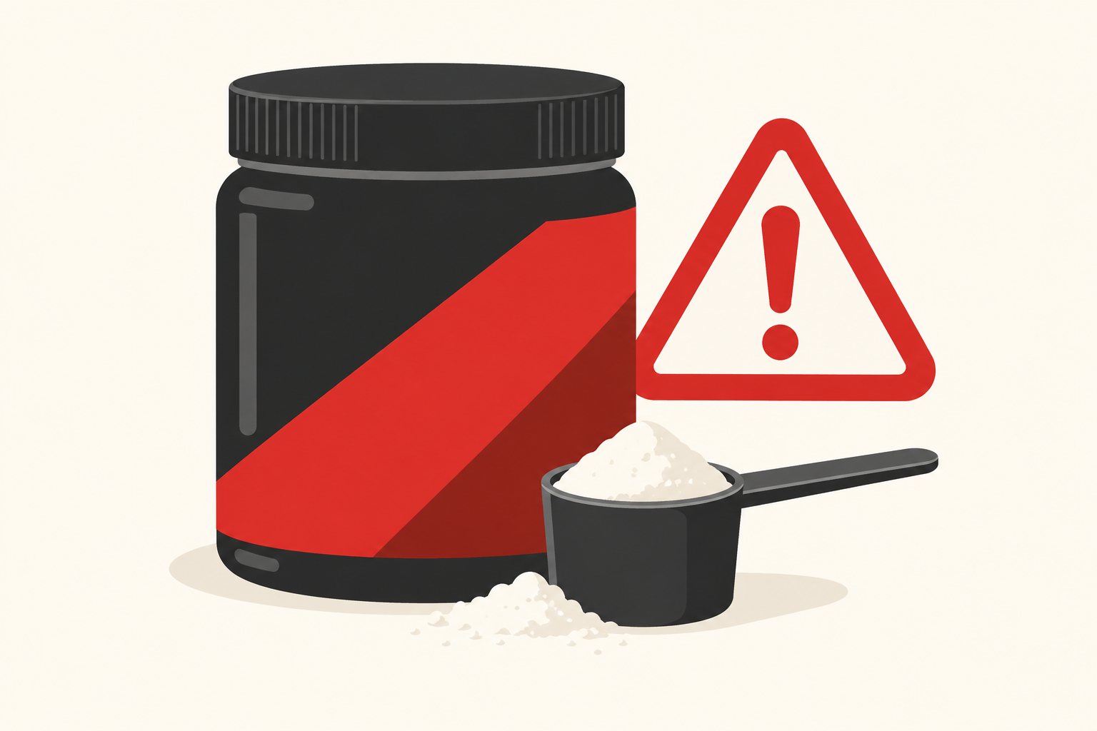 Flat editorial illustration of an unbranded pre-workout powder tub, scoop and warning symbol; not the recalled RAPTURE package.