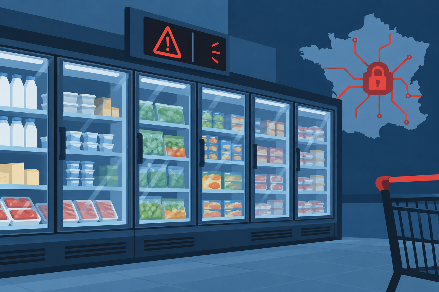 Conceptual illustration of French supermarket refrigeration cases with a digital warning symbol; no real affected store is shown.