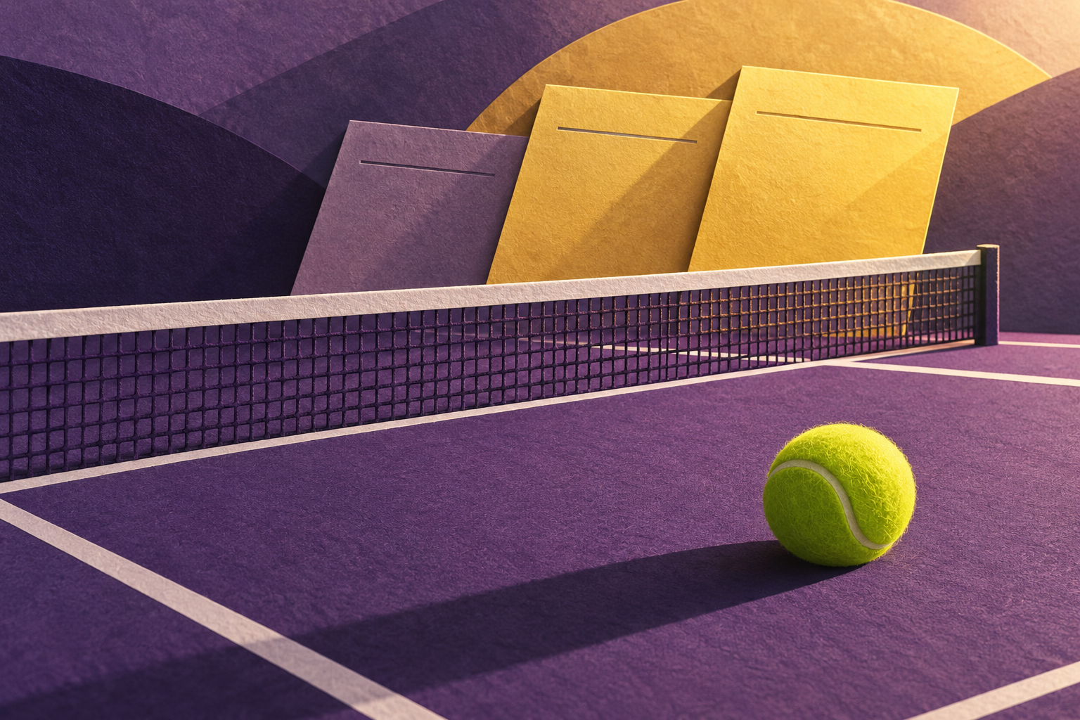 Editorial illustration of a lime tennis ball beside a white net on a purple court, with three blank paper panels suggesting a three-set comeback; not a photograph of Eala, Shi or Wuhan.