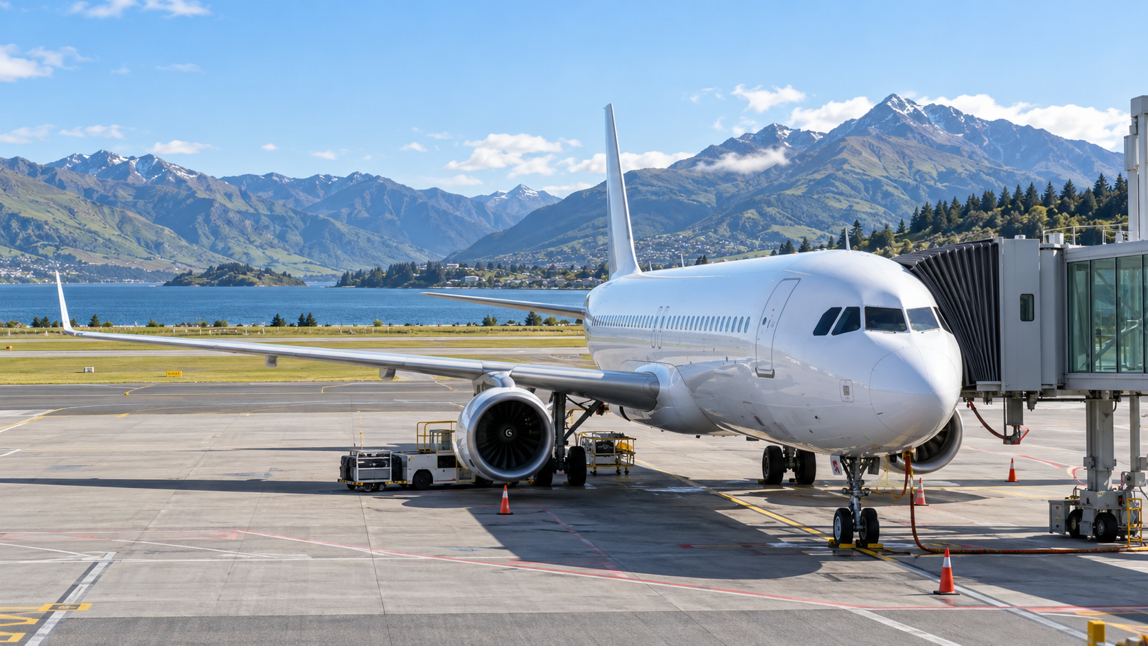 Illustration of an unbranded passenger aircraft at a New Zealand airport with mountains beyond the runway